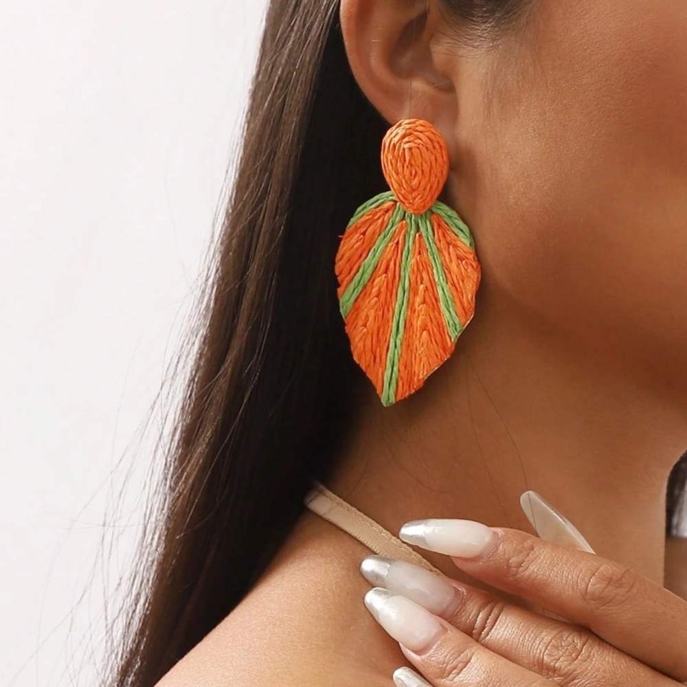 Large Orange Lime Green Rattan Leaf Earrings Statement Summer Beach Post Big - Picture 1 of 5